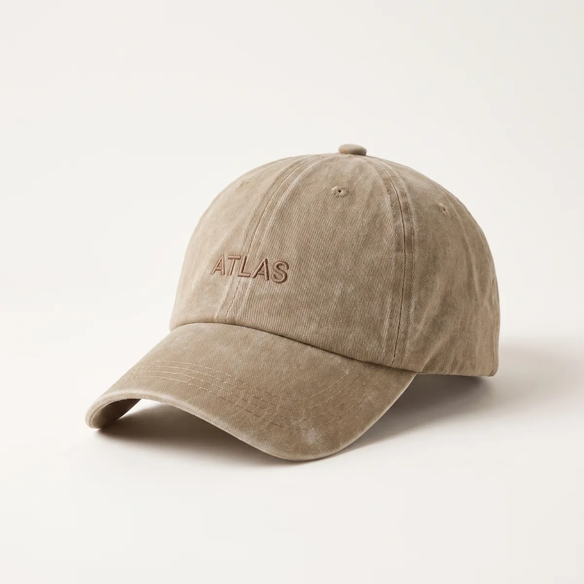 Tan washed cap with tonal ATLAS embroidery