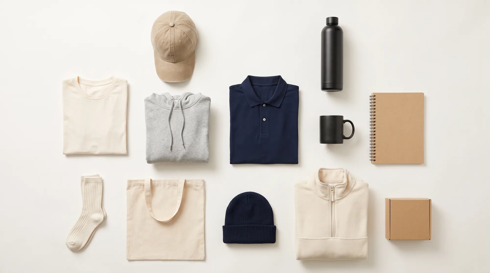 Flat lay of blank merchandise: cap, hoodie, polo, tee, bottle, mug, notebook, socks, tote, beanie and fleece