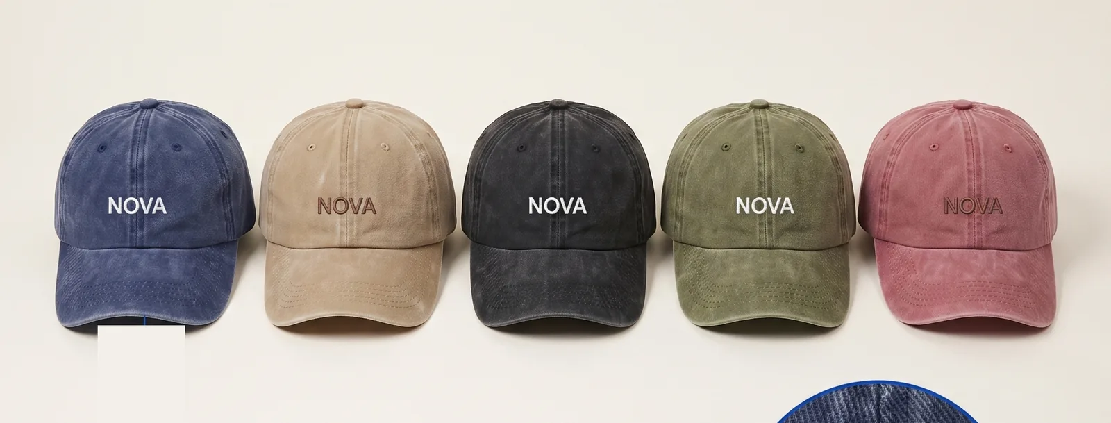 Five washed caps in navy, tan, black, olive and red, each embroidered NOVA