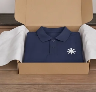 Open delivery box with the finished polo inside