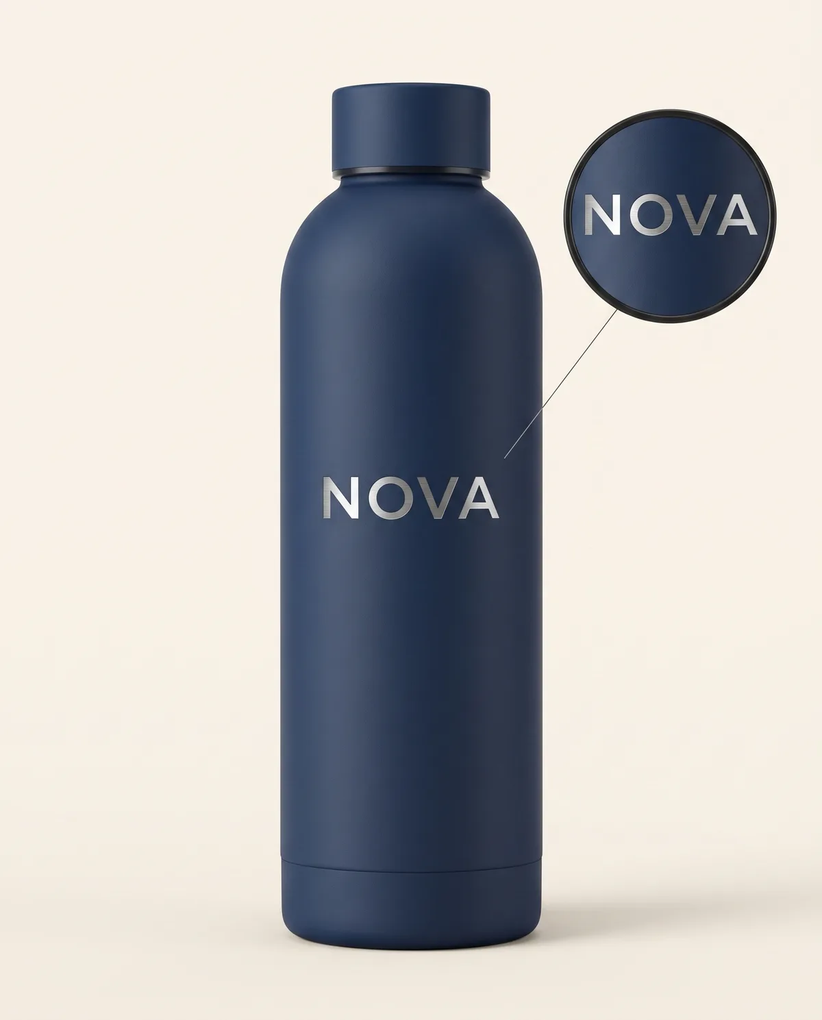 Matte navy 500ml steel bottle, laser-engraved NOVA sample mark with zoom loupe