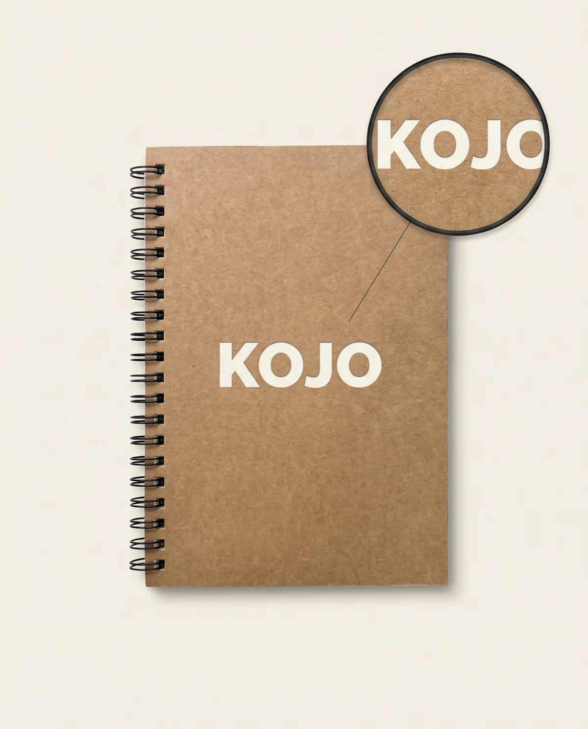 Kraft spiral notebook, gold foil KOJO sample mark with zoom loupe