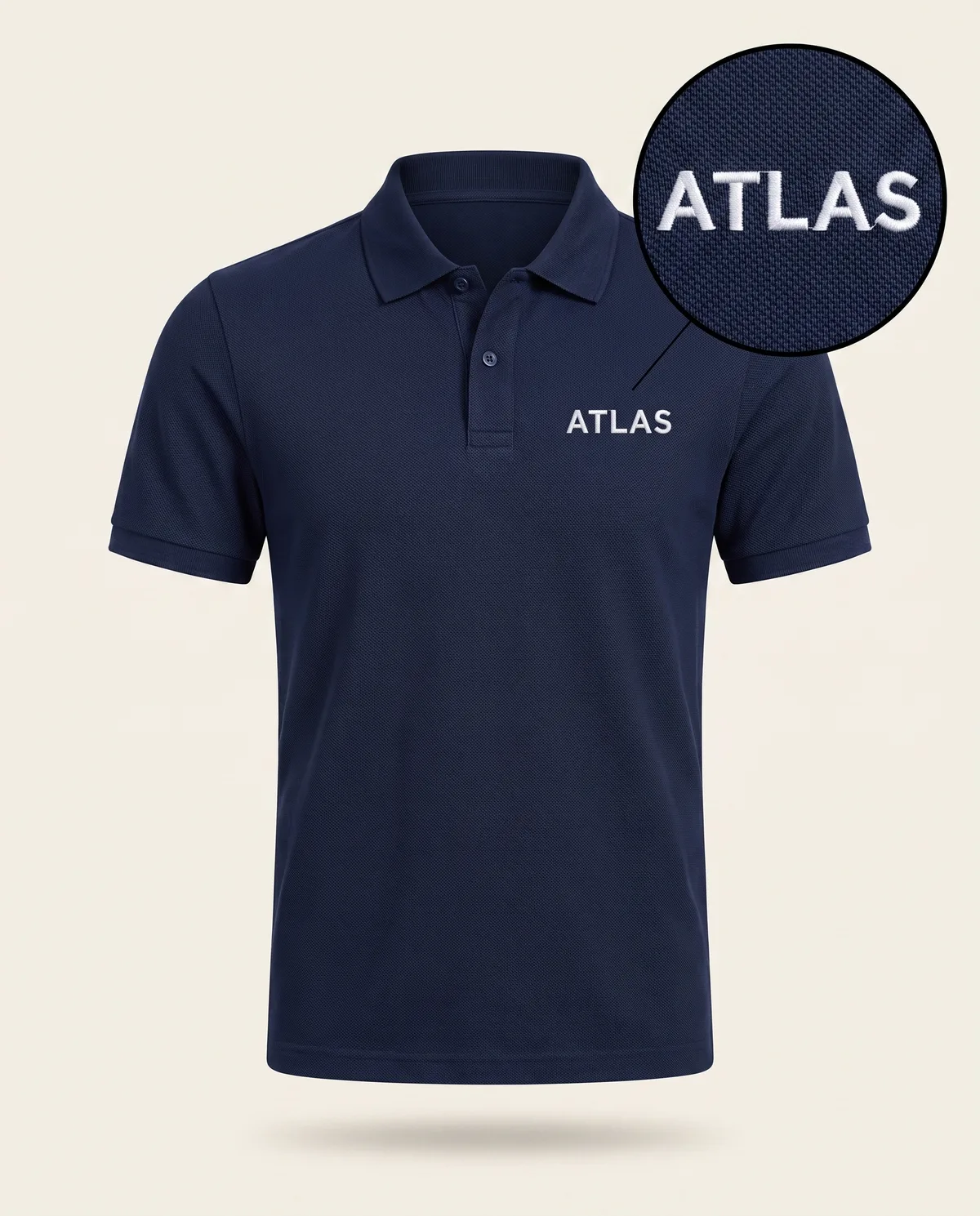 Navy piqué polo, white embroidered ATLAS sample mark with zoom loupe