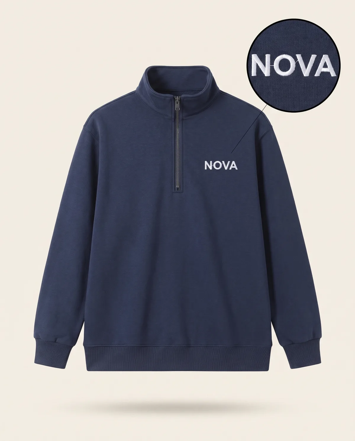 Navy quarter-zip sweatshirt, white embroidered NOVA sample mark with zoom loupe