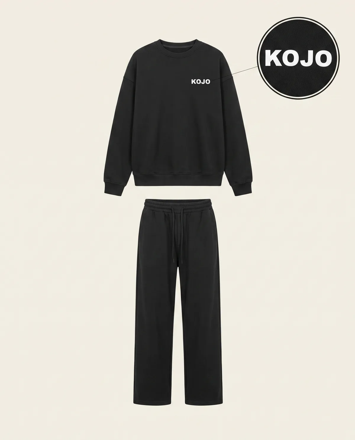 Black heavyweight sweatshirt and matching wide-leg sweatpants, white printed KOJO sample mark with zoom loupe