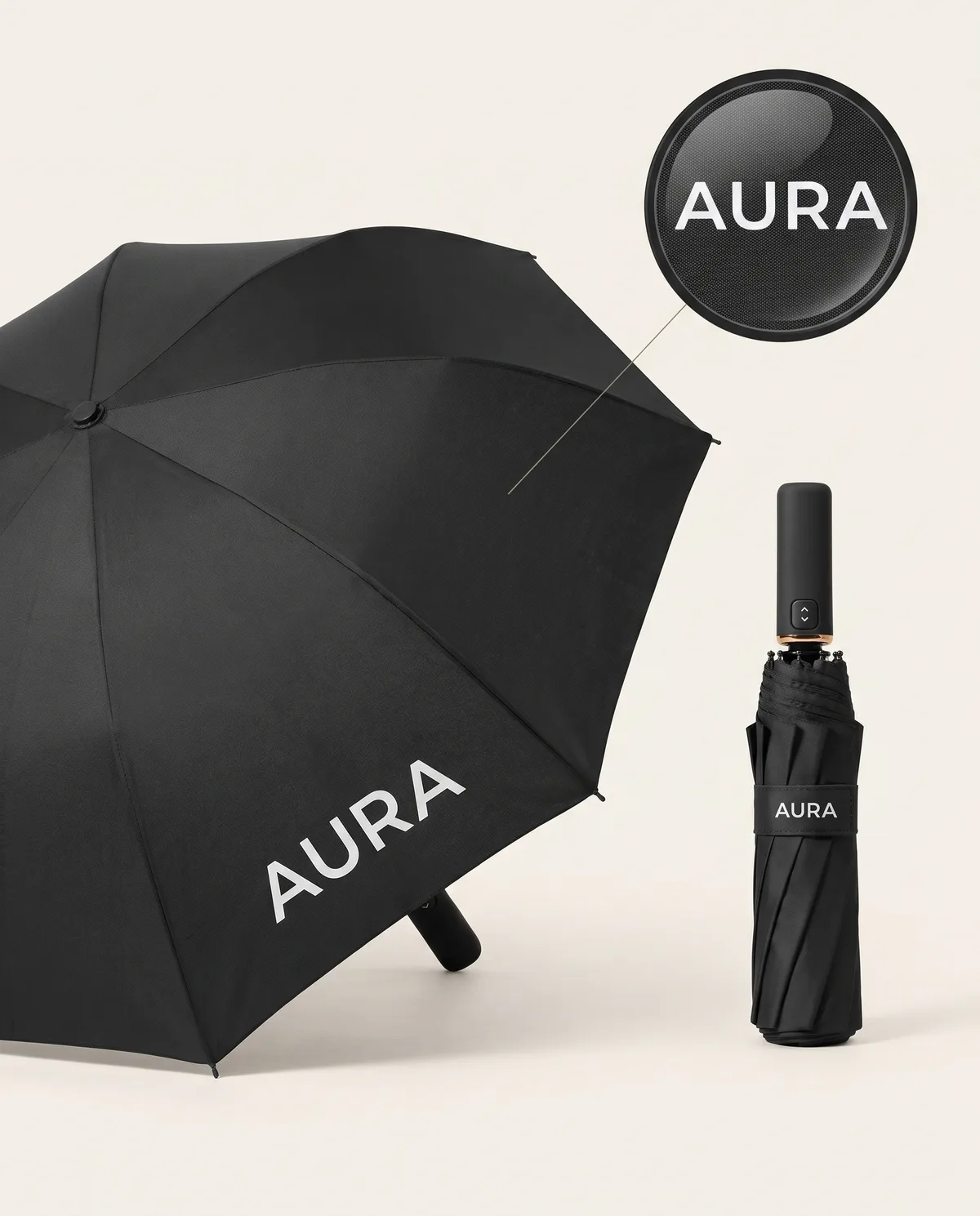 Black folding umbrella shown open and closed, white printed AURA sample mark with zoom loupe